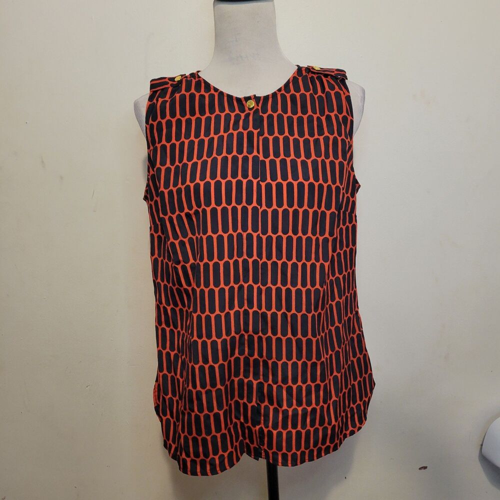 Michael‎ Kors Women’s Sleeveless Blouse Top Size 8 Orange Navy Geometric Print